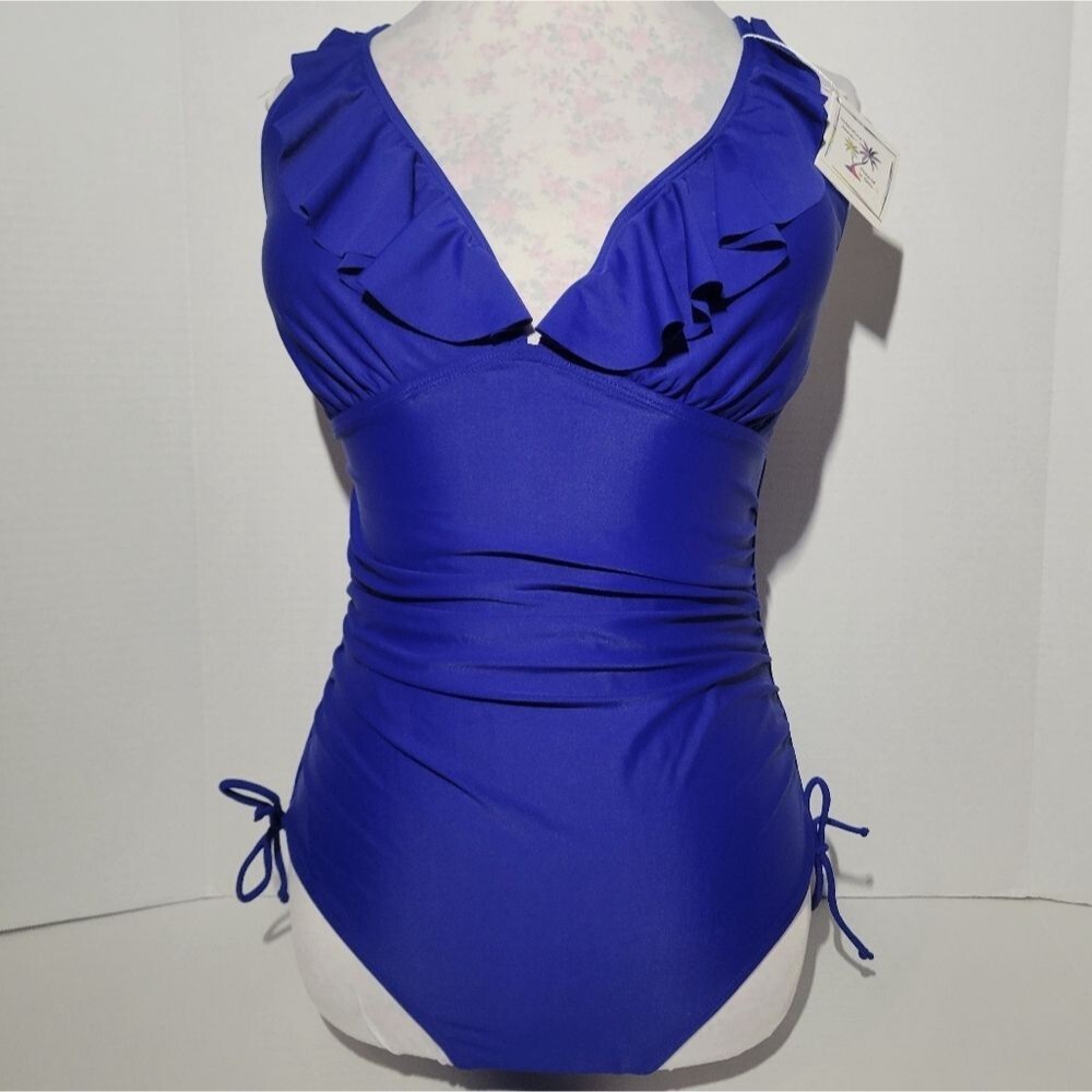Women's Royal Blue Ruffled Trim V-Neck Side Tie 1 Piece Swim Suit - Size L - NWT - Picture 5 of 6